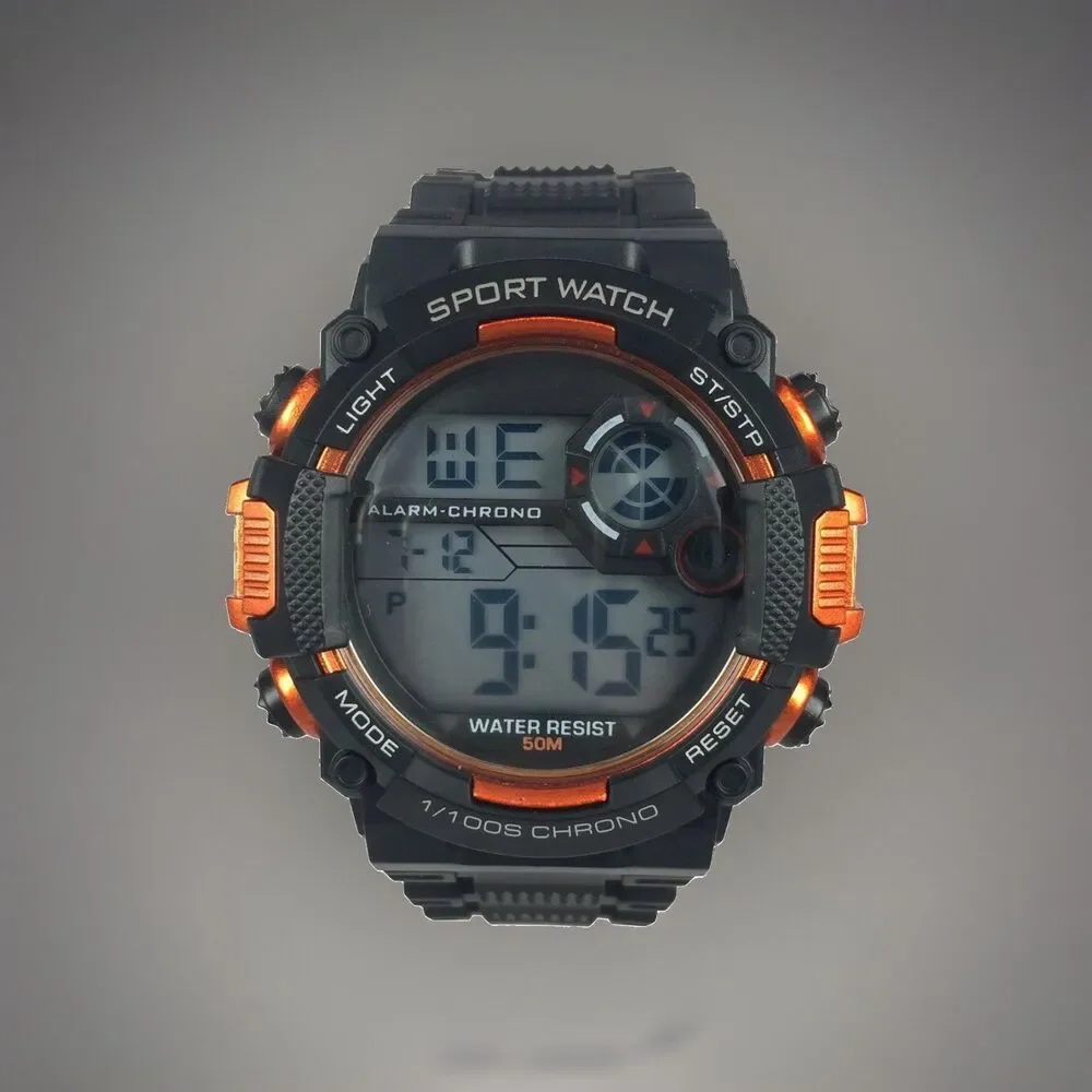 George Men's Digital Sport Watch Black &Orange Accent-50M WR-Model 82135-NEW IB